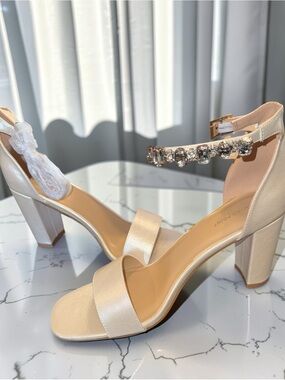 Women's Champagne Satin Block Heel Sandals with Crystal Ankle Strap